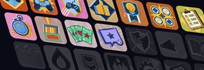 Colorful SessionPick achievement badges on a dark background